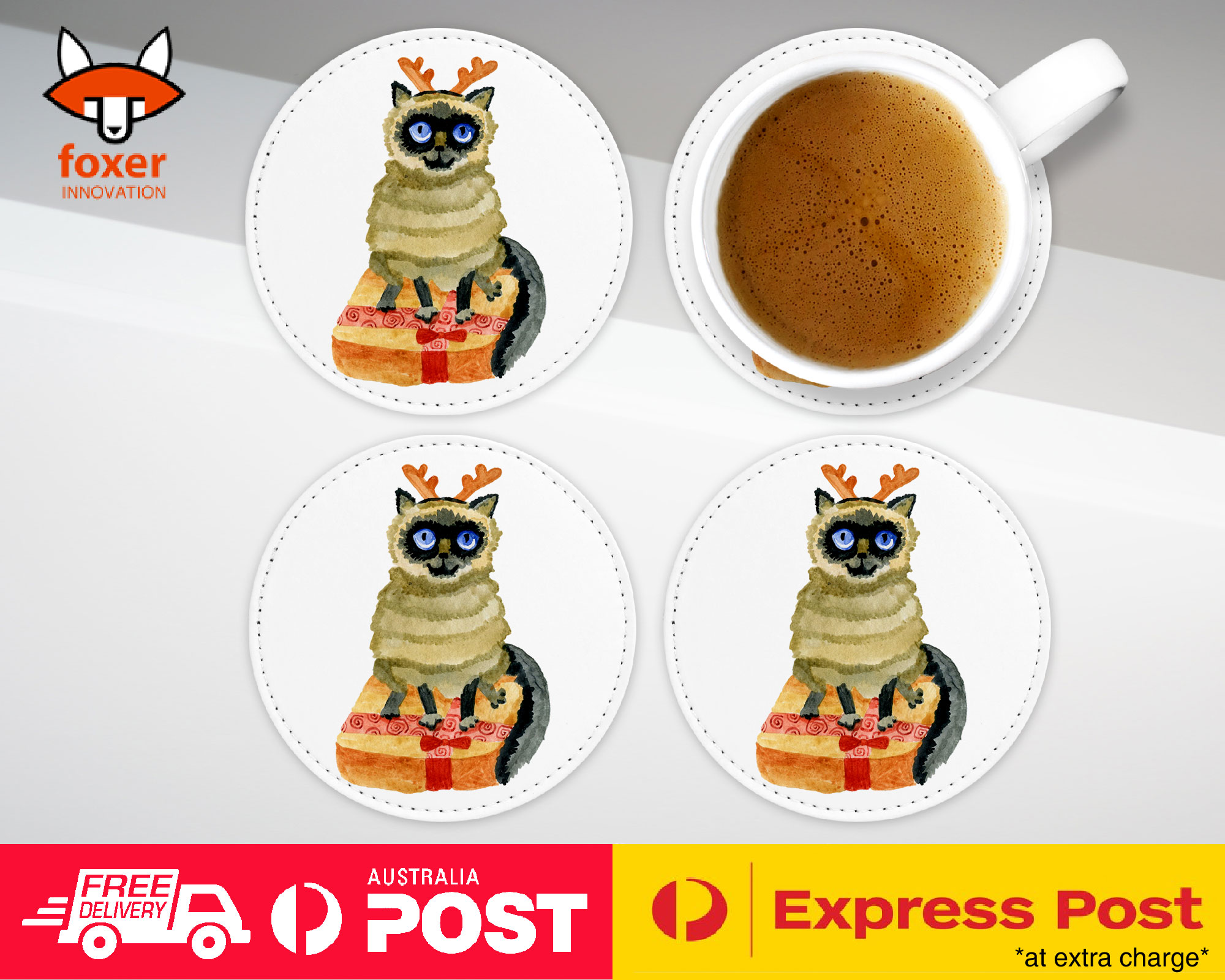 COASTER COFFEE DRINKING MAT|WATERCOLOR XMAS SIAMESE CAT
