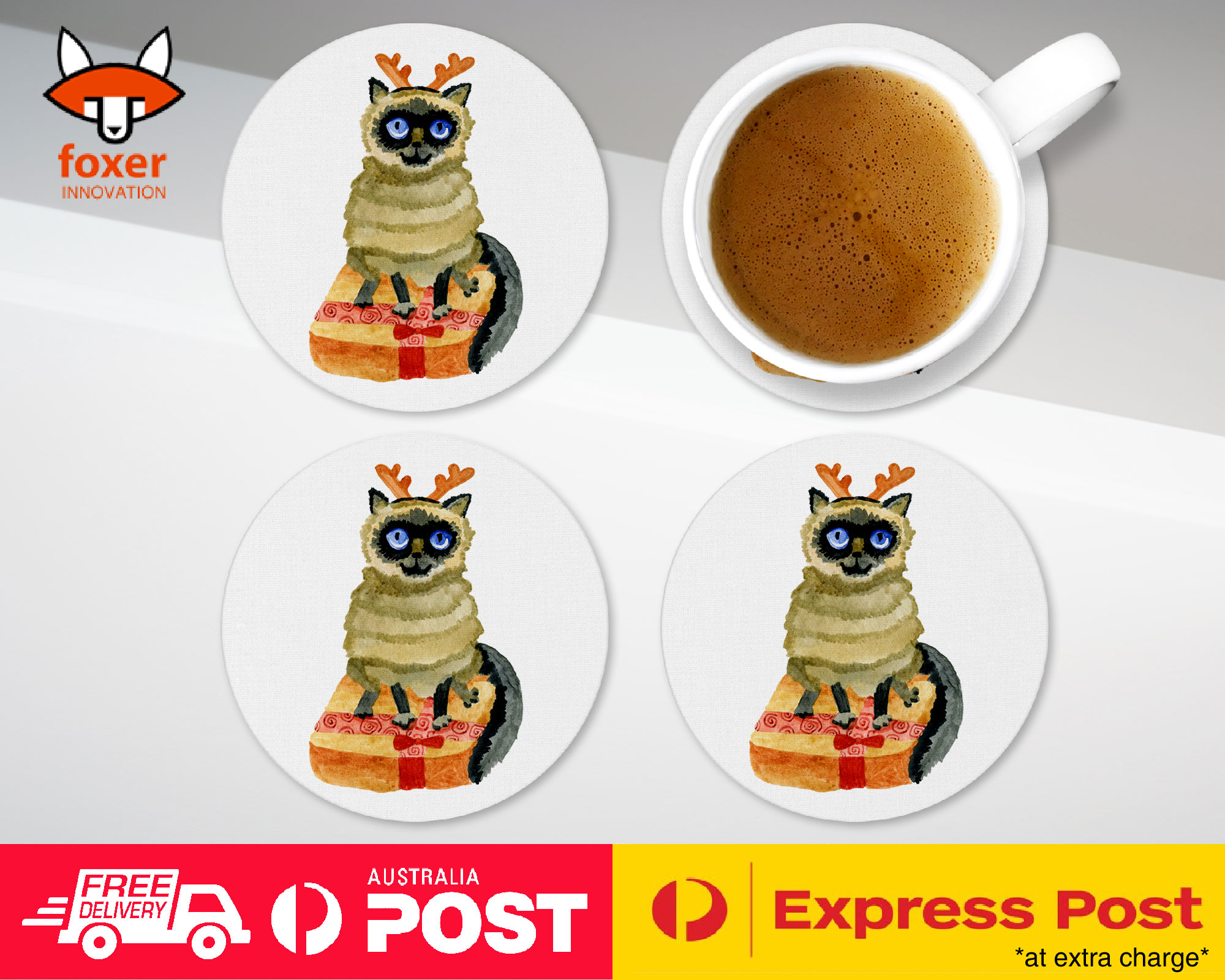 COASTER COFFEE DRINKING MAT|WATERCOLOR XMAS SIAMESE CAT
