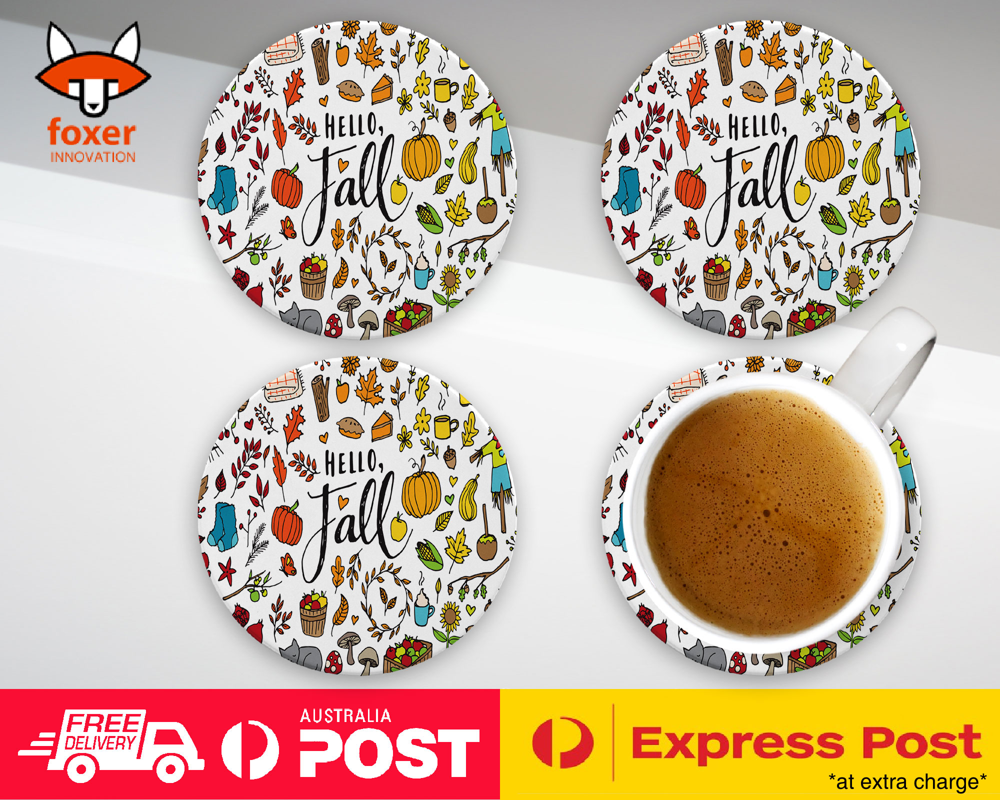 COASTER COFFEE DRINKING MAT|HELLO FALL AUTUMN LEAF COLLAGE