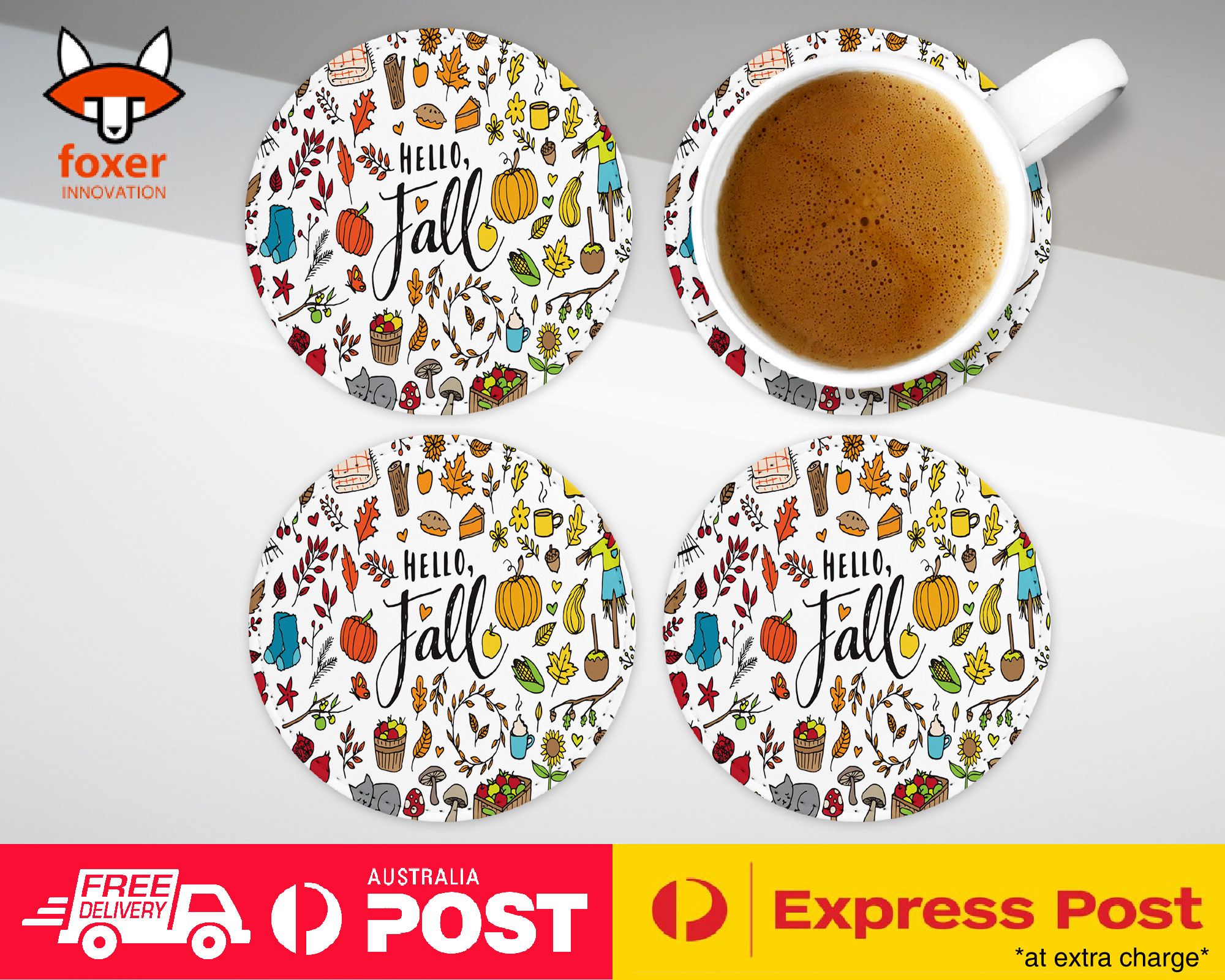 COASTER COFFEE DRINKING MAT|HELLO FALL AUTUMN LEAF COLLAGE