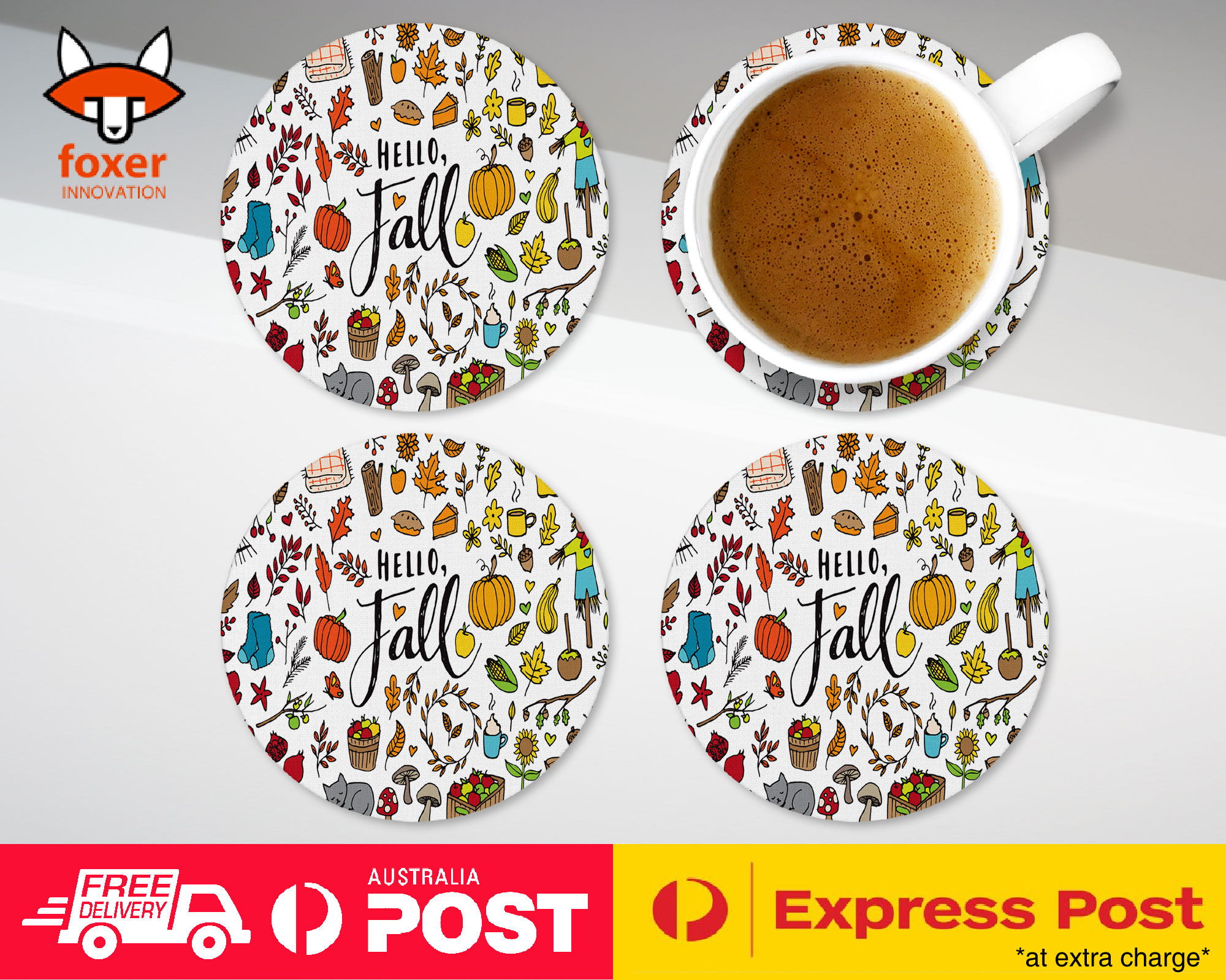 COASTER COFFEE DRINKING MAT|HELLO FALL AUTUMN LEAF COLLAGE