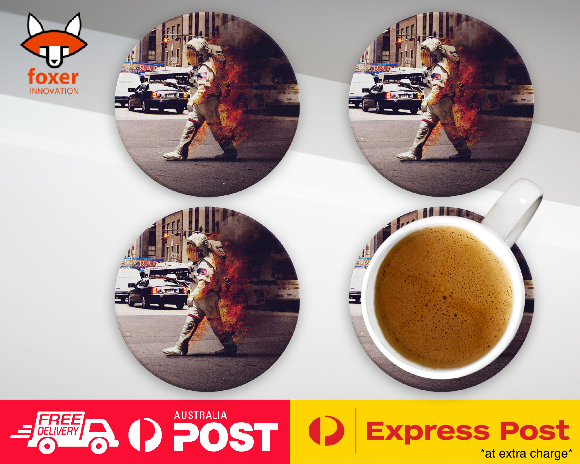 COASTER COFFEE DRINKING MAT|HIPSTER FUNNY ASTRONAUGHT ON FIRE