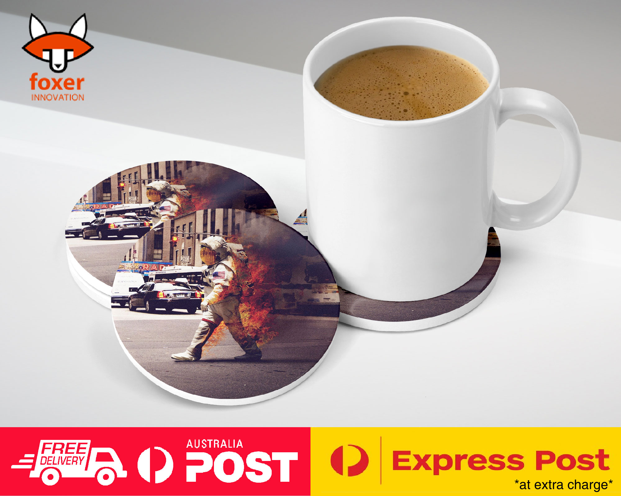 COASTER COFFEE DRINKING MAT|HIPSTER FUNNY ASTRONAUGHT ON FIRE