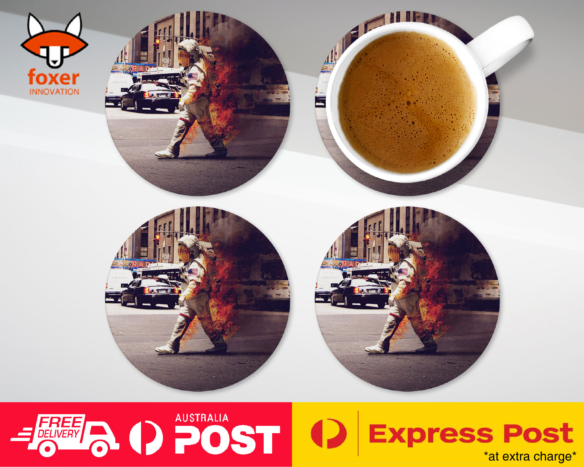 COASTER COFFEE DRINKING MAT|HIPSTER FUNNY ASTRONAUGHT ON FIRE