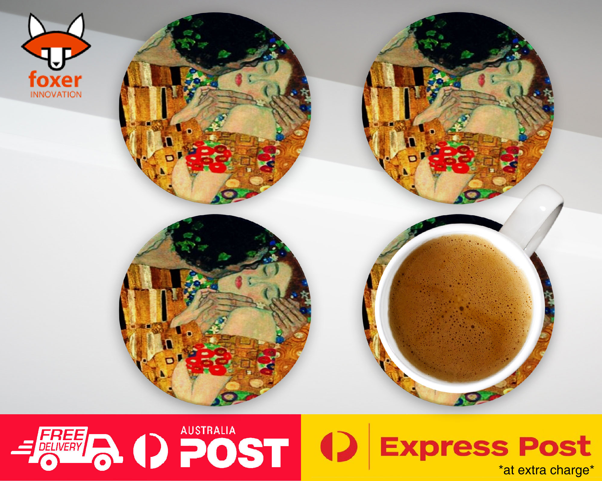 COASTER COFFEE DRINKING MAT|GUSTAV KLIMT - IL BACIO ART PAINT
