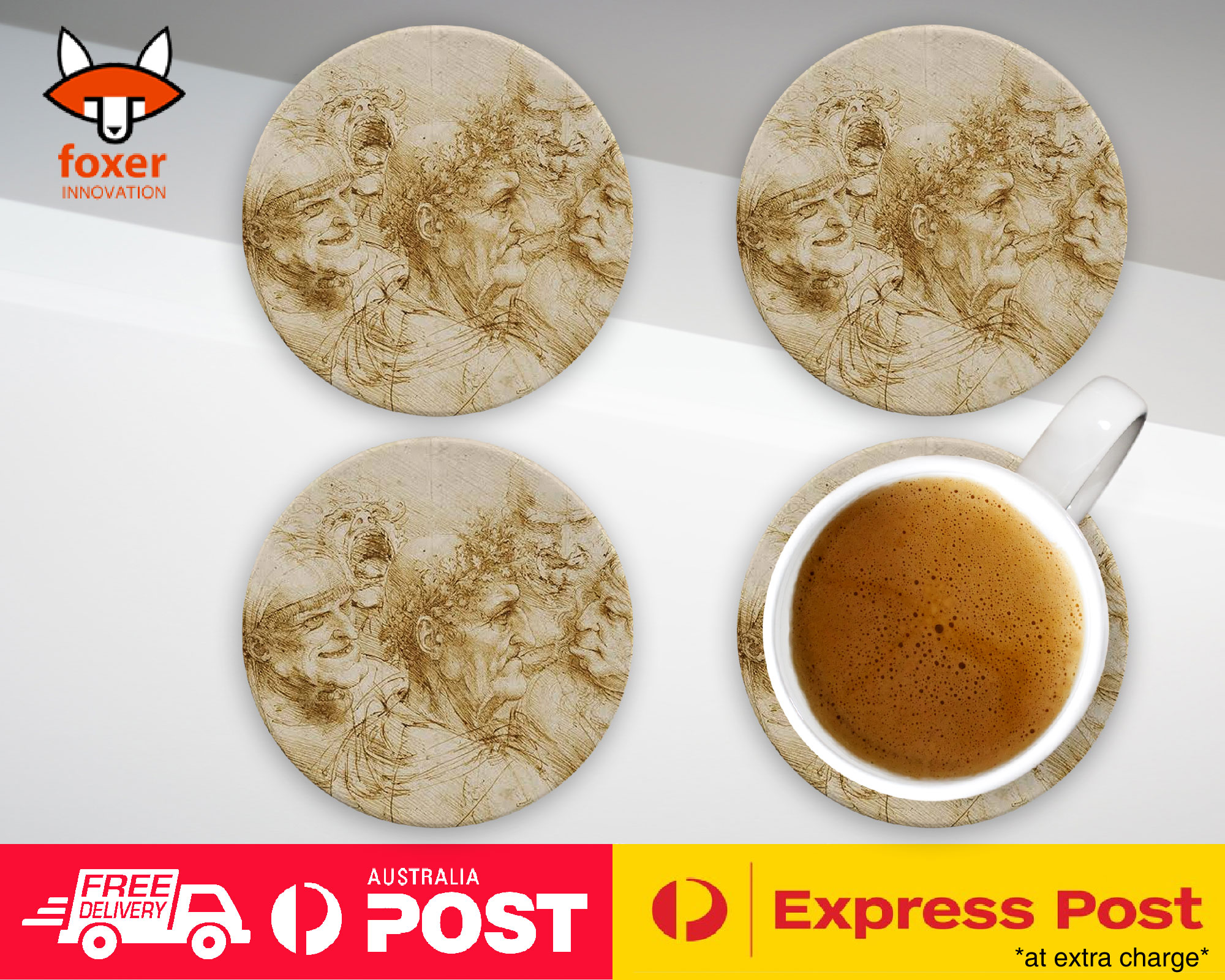 COASTER COFFEE DRINKING MAT|LEONARDO DA VINCI - STUDY OF FIVE GROTESQUE HEADS