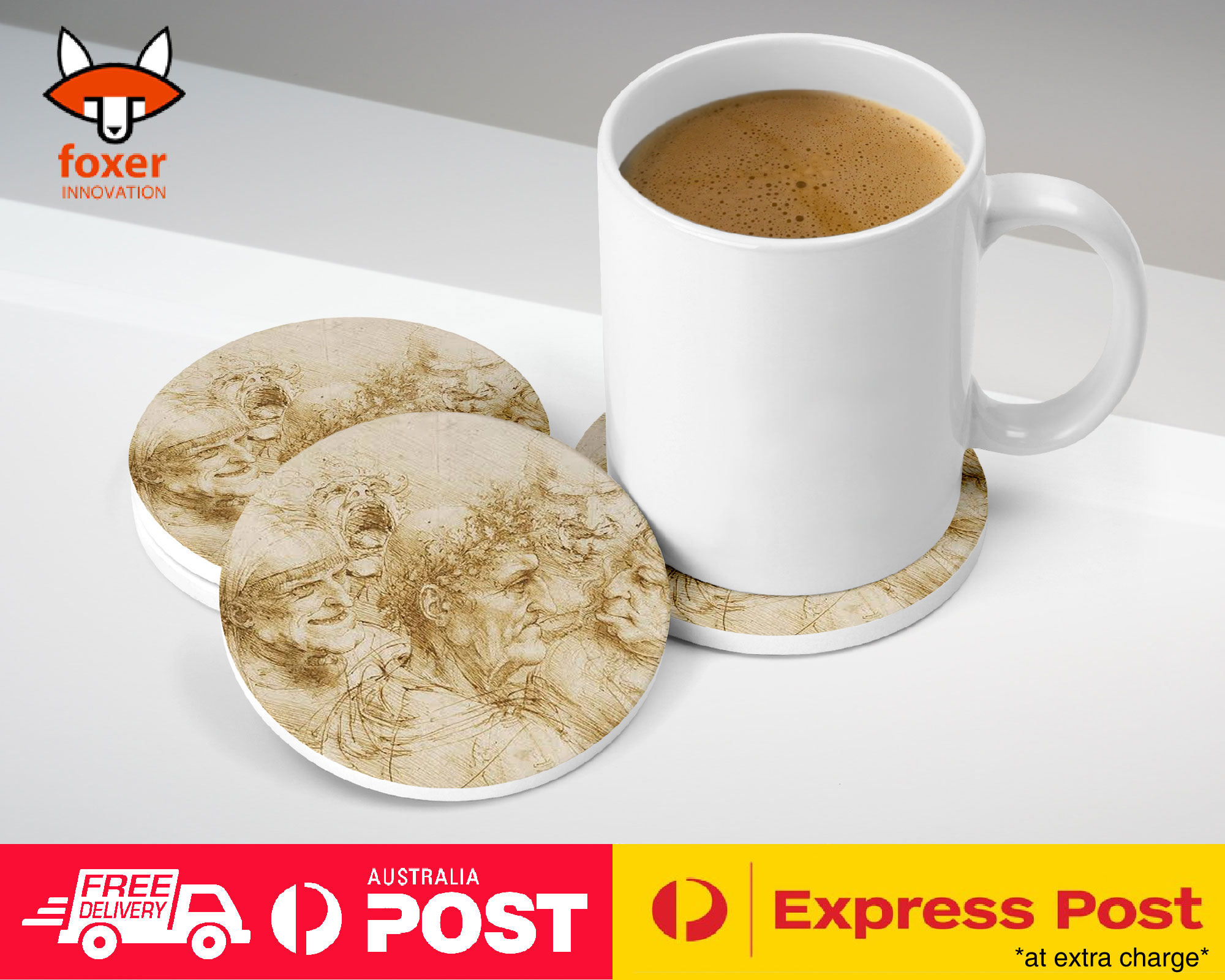 COASTER COFFEE DRINKING MAT|LEONARDO DA VINCI - STUDY OF FIVE GROTESQUE HEADS