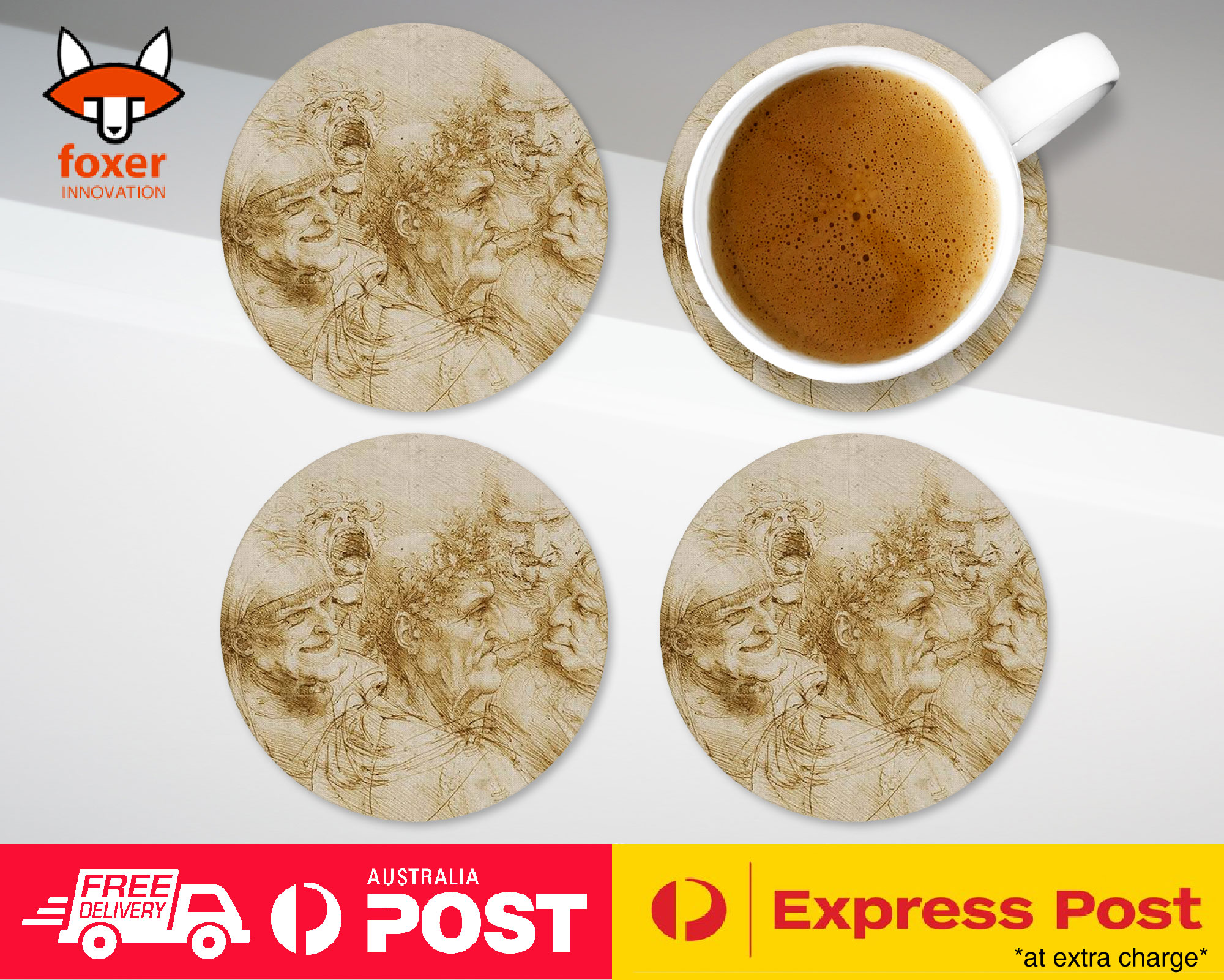 COASTER COFFEE DRINKING MAT|LEONARDO DA VINCI - STUDY OF FIVE GROTESQUE HEADS