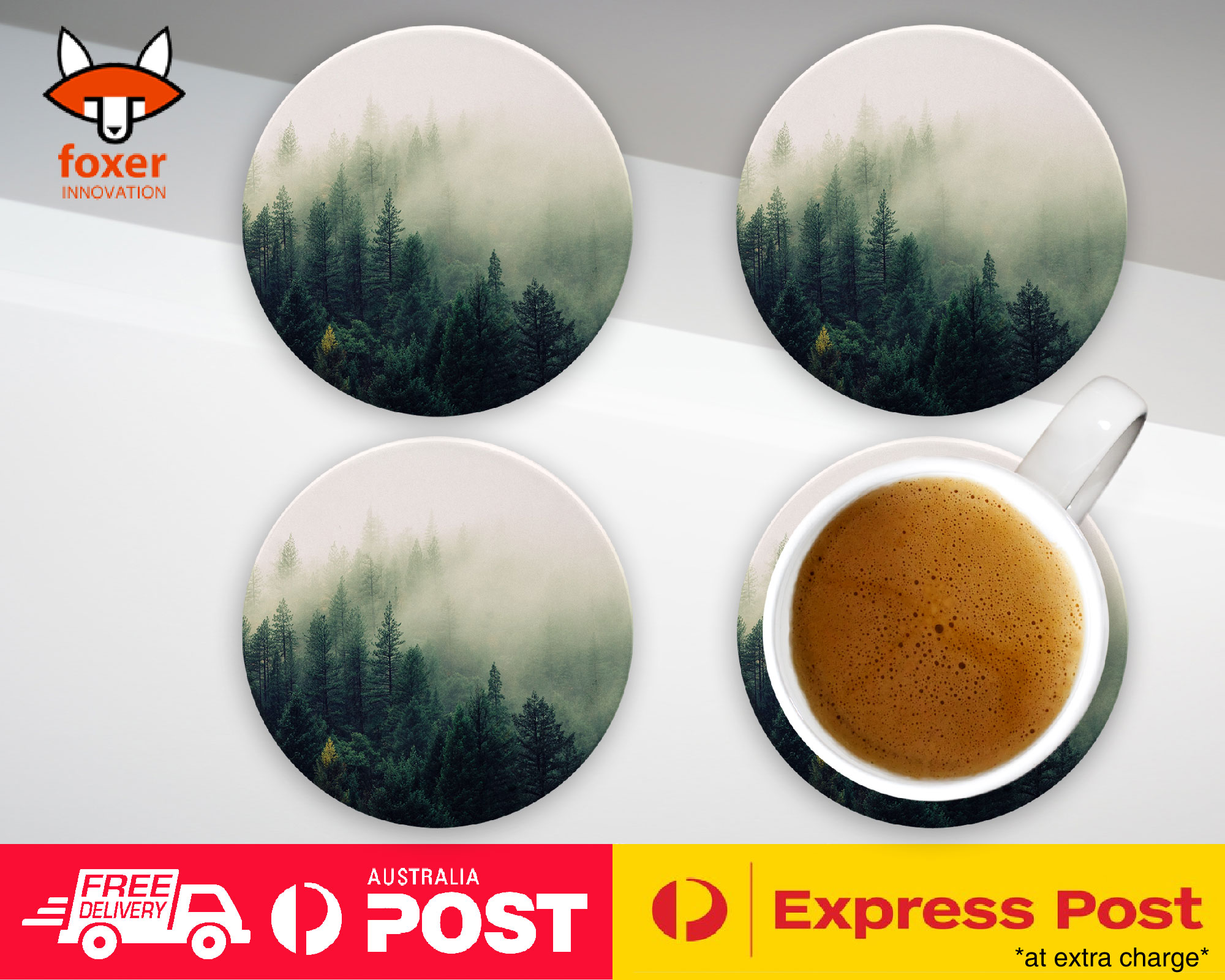 COASTER COFFEE DRINKING MAT|FOGGY FOREST TREES