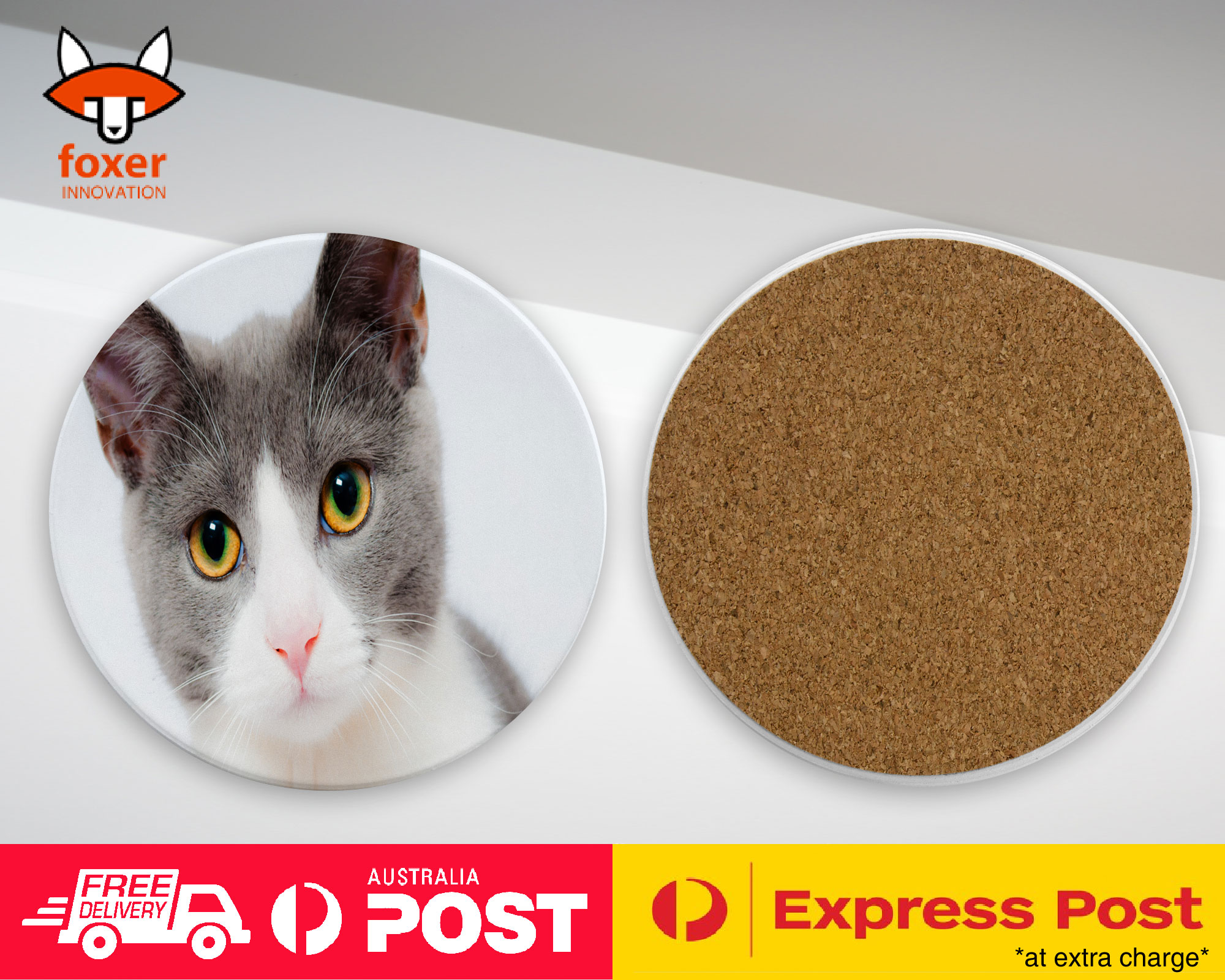 COASTER COFFEE DRINKING MAT|CUTE GREY WHITE CAT KITTEN ANIMAL