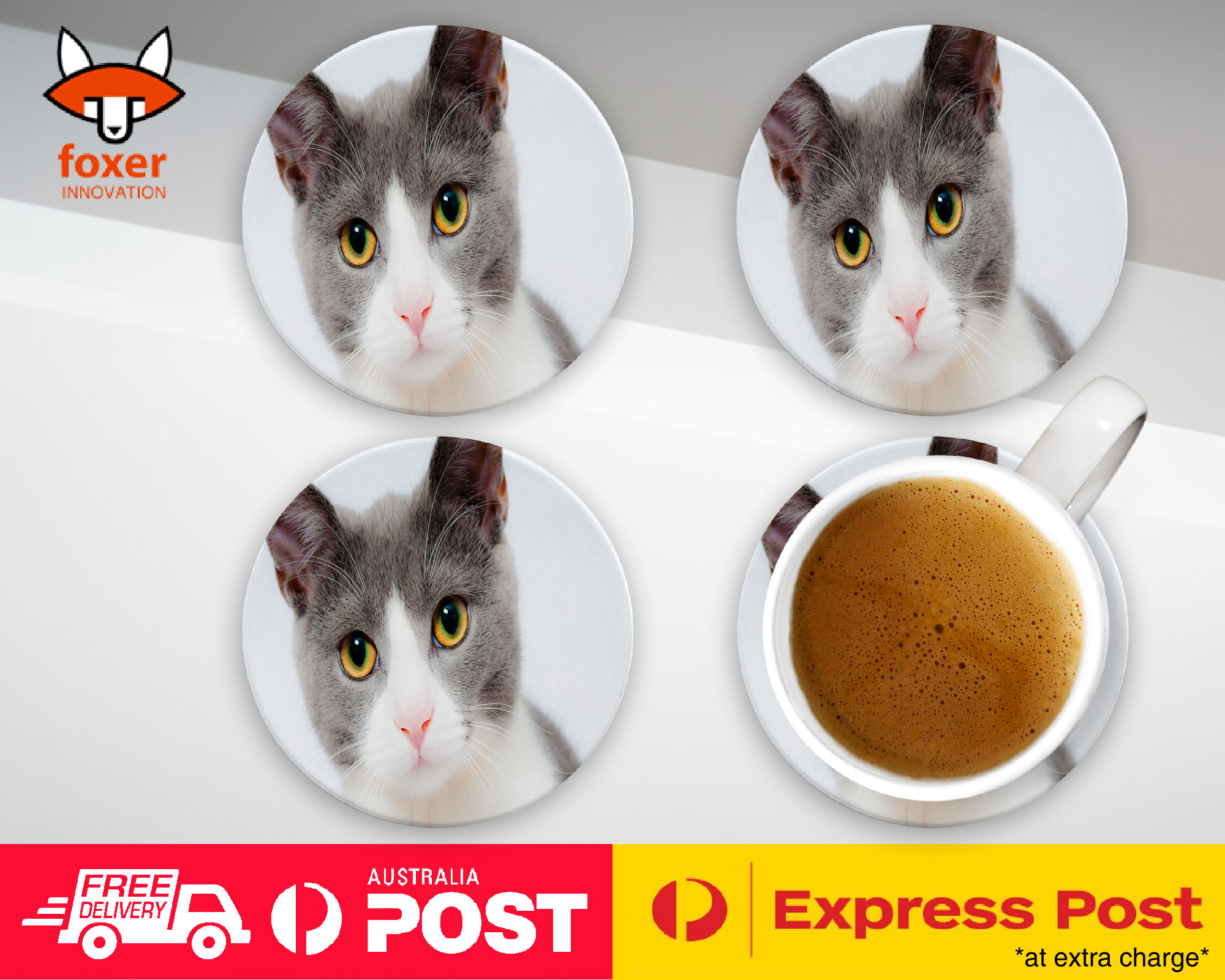 COASTER COFFEE DRINKING MAT|CUTE GREY WHITE CAT KITTEN ANIMAL