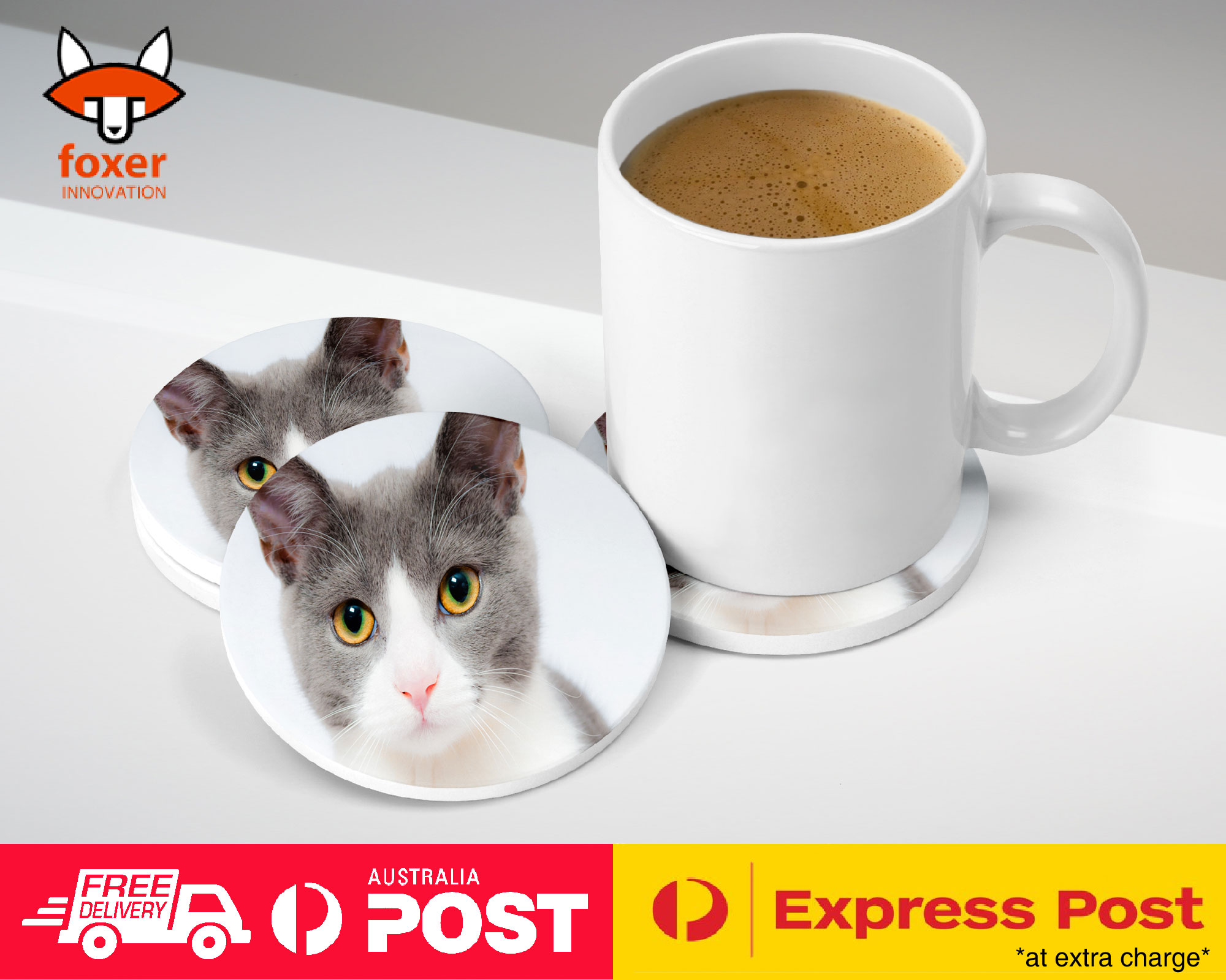 COASTER COFFEE DRINKING MAT|CUTE GREY WHITE CAT KITTEN ANIMAL