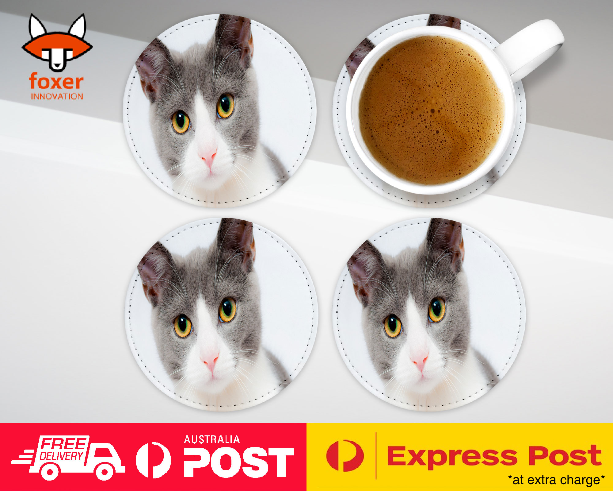 COASTER COFFEE DRINKING MAT|CUTE GREY WHITE CAT KITTEN ANIMAL