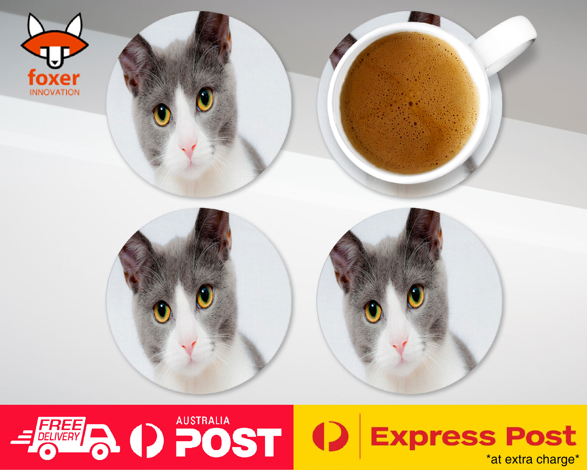COASTER COFFEE DRINKING MAT|CUTE GREY WHITE CAT KITTEN ANIMAL