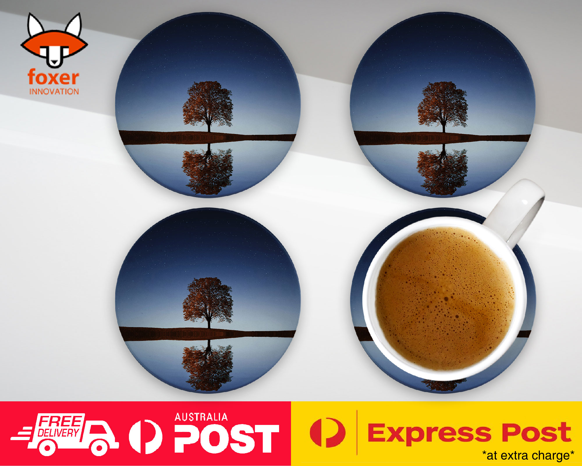 COASTER COFFEE DRINKING MAT|LONELY AUTUMN TREE BY THE LAKE