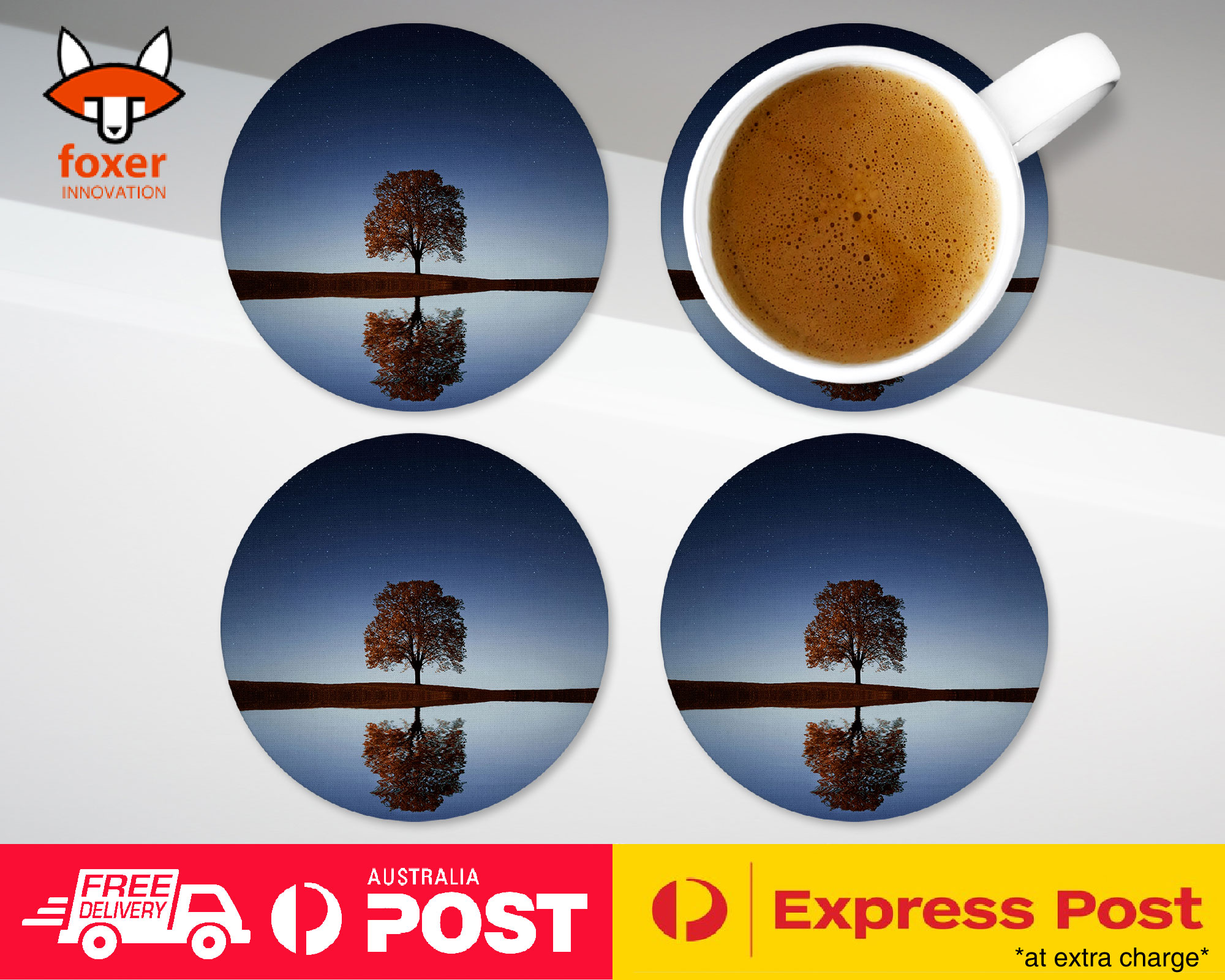 COASTER COFFEE DRINKING MAT|LONELY AUTUMN TREE BY THE LAKE