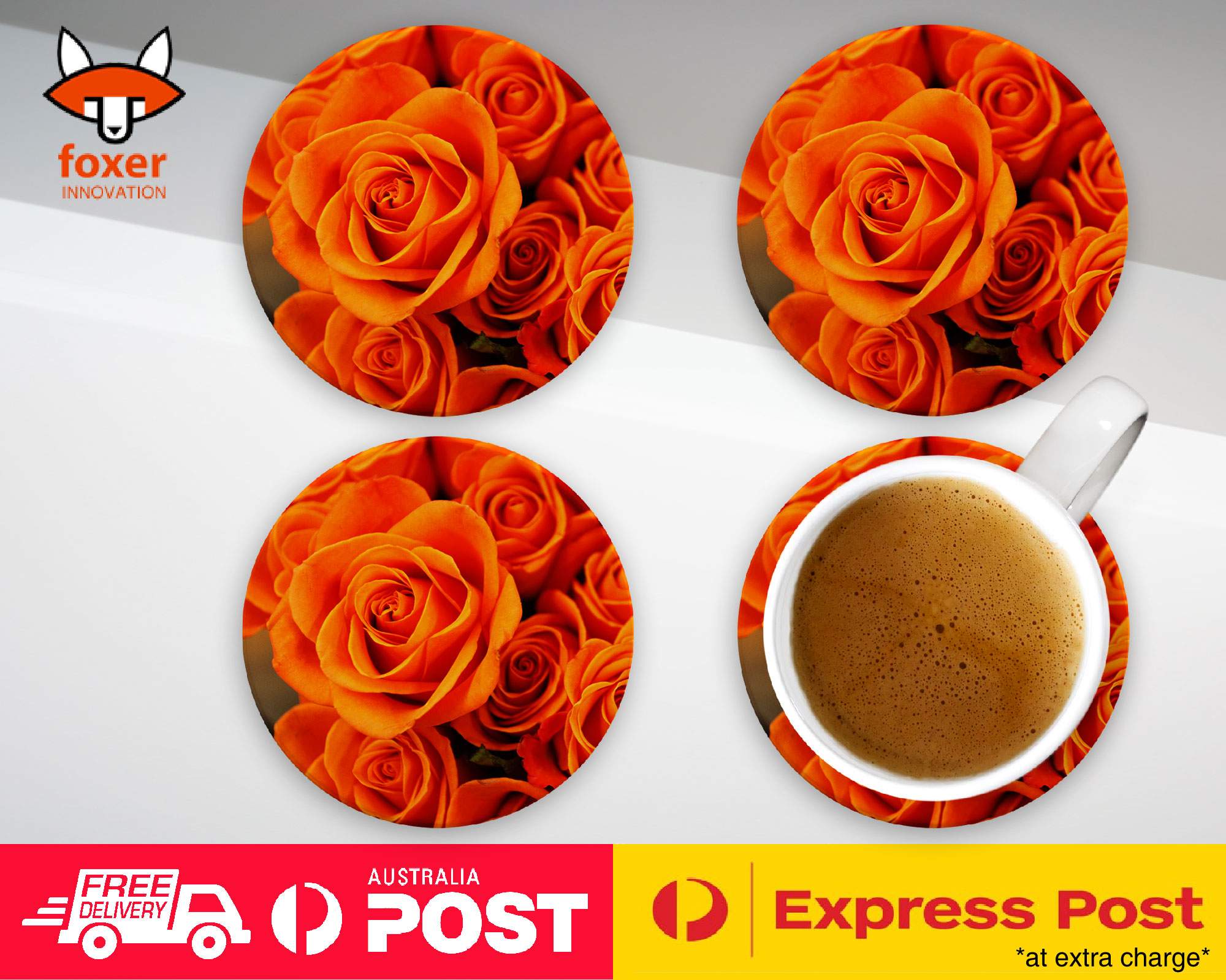 COASTER COFFEE DRINKING MAT|ORANGE FLOWER ROSES WALLPAPER