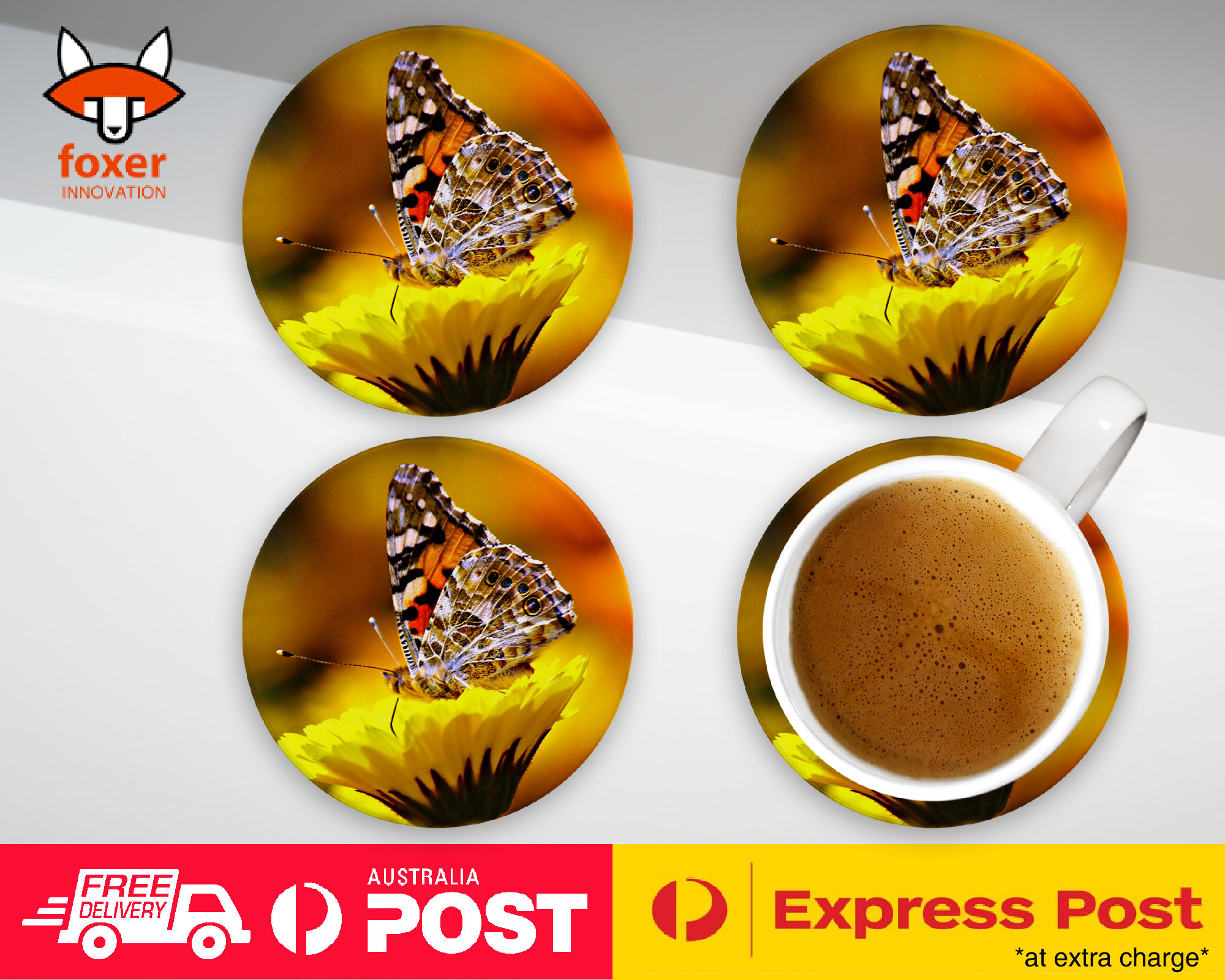 COASTER COFFEE DRINKING MAT|BEAUTIFUL BUTTERFLY YELLOW FLOWER
